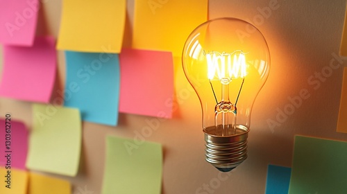 Bright idea illuminated with lightbulb and colorful sticky notes creating a brainstorming concept