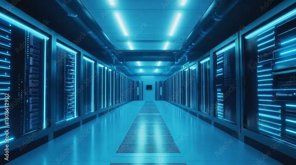 A futuristic server room with blue lighting and rows of servers. A futuristic server room with blue lighting and rows of servers.