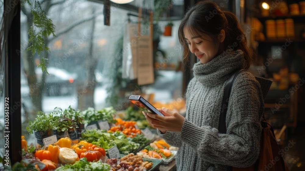 Woman Shopping for Fresh Vegetables While Using a Mobile App. Generative AI Woman Shopping for Fresh Vegetables While Using a Mobile App. Generative AI