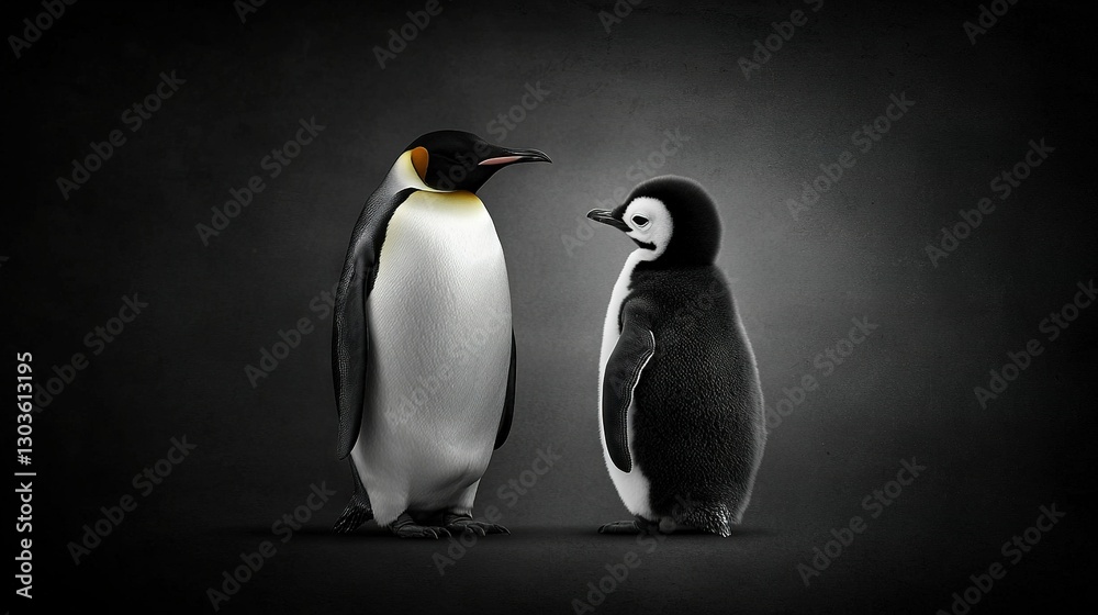 Fototapeta premium A duo of penguins share space on a monochrome backdrop, one penguin gazing at the other