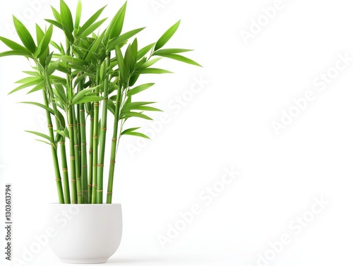 Lush green bamboo plant in a minimalist white pot against a bright background