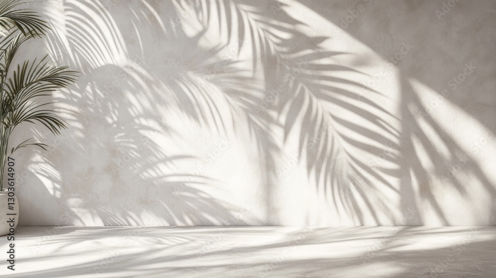 Plant casts tropical leaf shadows on empty beige wall in sunlit room; minimal, elegant, simple scene Plant casts tropical leaf shadows on empty beige wall in sunlit room; minimal, elegant, simple scene