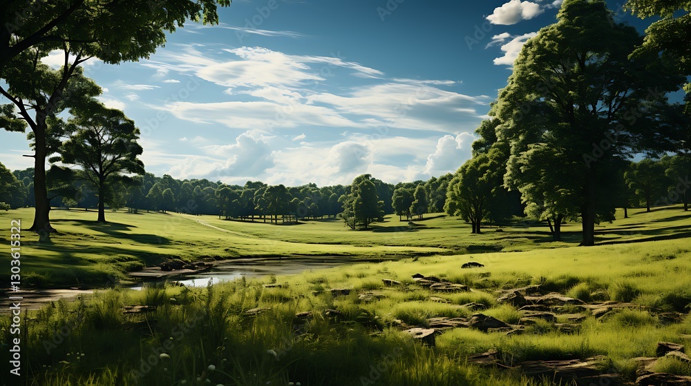 Obraz premium Serene Summer Meadow Landscape: A Picturesque Pastoral Scene