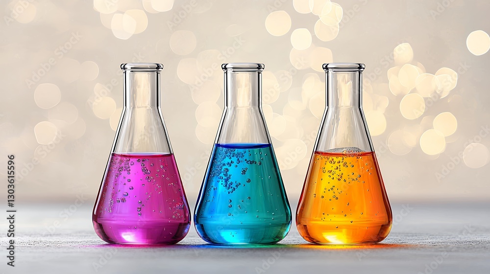 Three Erlenmeyer Flasks Filled With Pink Blue and Orange Liquid on Bokeh Background