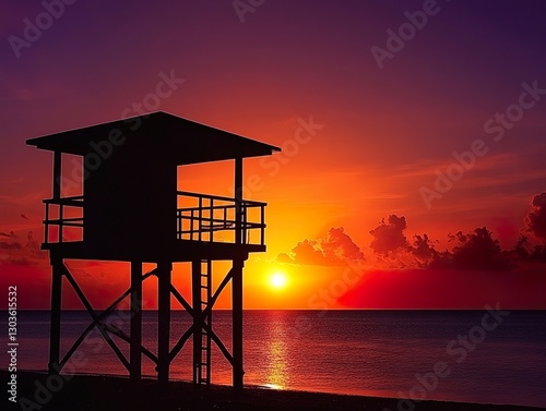 A deserted lifeguard tower silhouetted against a breathtaking orange and purple sunset over the tranquil sea.