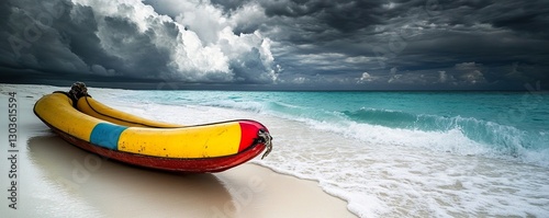 A colorful banana boat beached on soft white sand, waves gently lapping at its base with a dramatic cloudy sky overhead.