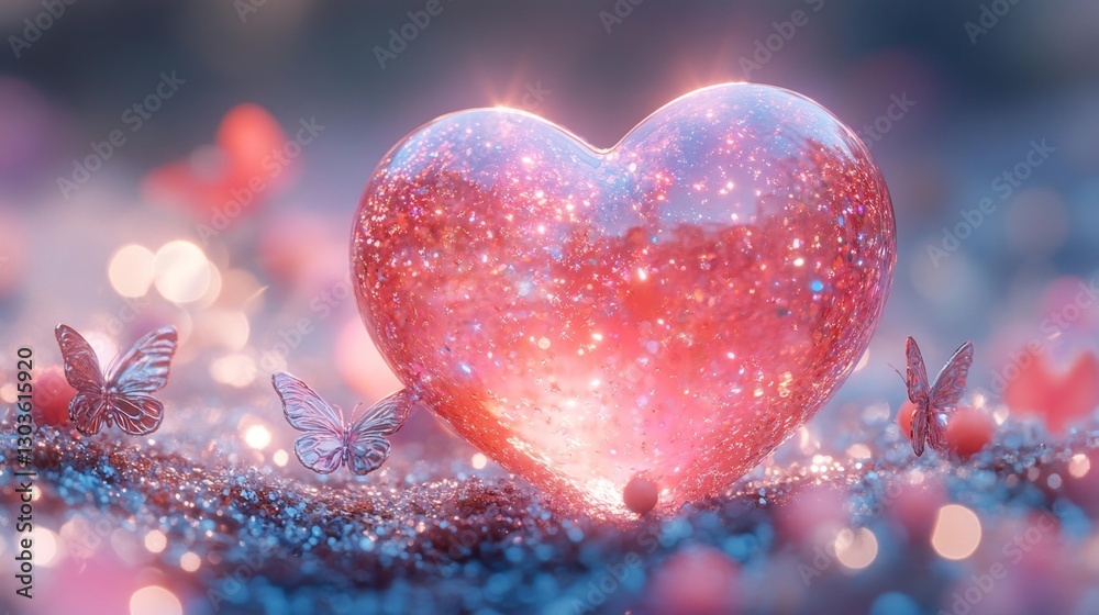 Obraz premium Shimmering Heart Mirror with Glowing Butterflies in a Surreal Cosmic Scene. Generative AI