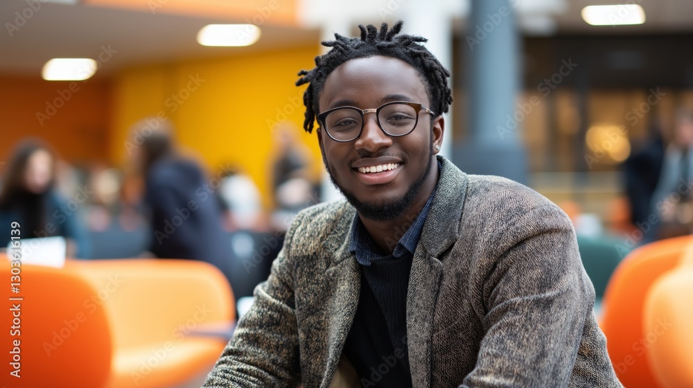 Fototapeta premium Smiling Young Black Man in a University Lounge with Modern Interior for Education, Business, and Networking Campaigns