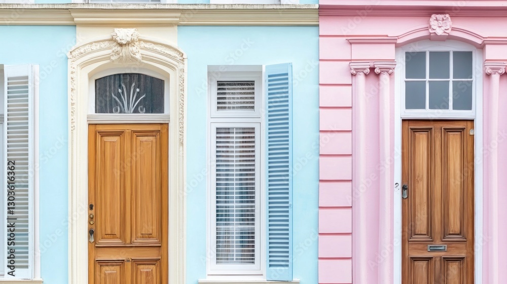 Naklejka premium Colorful doors on historic row houses in Charleston, South Carolina, against the clear sky