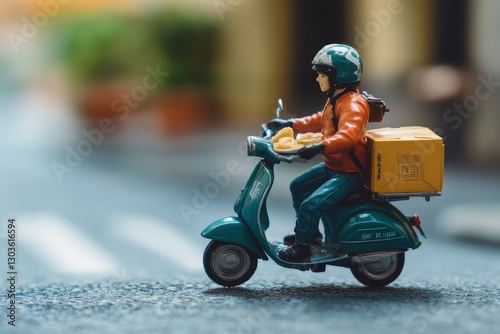 Wallpaper Mural miniature food delivery man driving scooter on street Torontodigital.ca