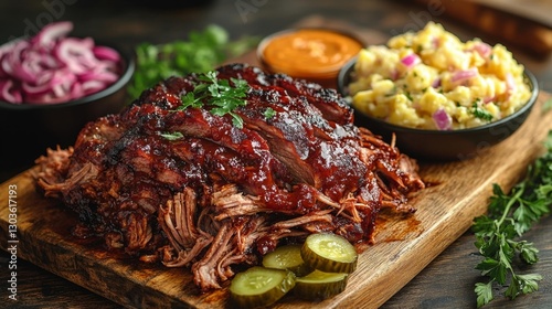 A close-up of a BBQ platter with pulled pork pickles and a side of potato salad on a wooden cutting board. Generative AI