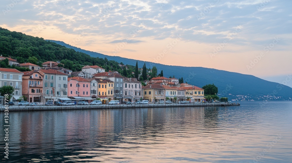 Fototapeta premium Serene Sunset over the Coastal Town 