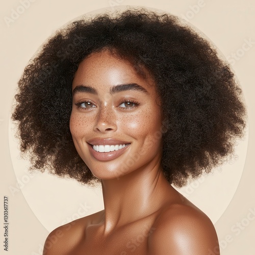 Smiling Young Woman with Afro Hairstyle and Freckles