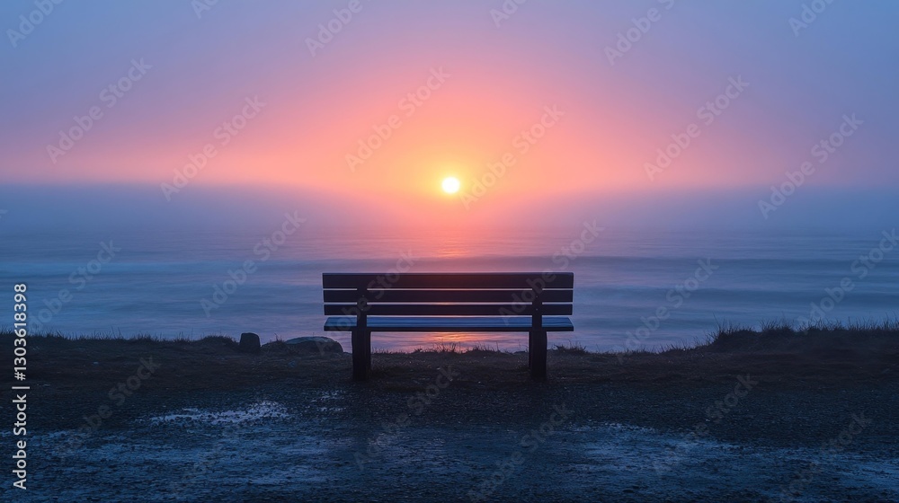 Foggy beach sunrise with a bench watching the horizon in solitude. Generative AI Foggy beach sunrise with a bench watching the horizon in solitude. Generative AI