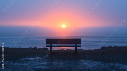Foggy beach sunrise with a bench watching the horizon in solitude. Generative AI