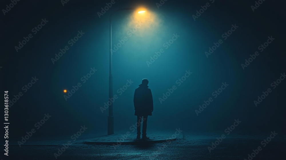 Lonely figure standing under a streetlight in the fog at night. Generative AI Lonely figure standing under a streetlight in the fog at night. Generative AI
