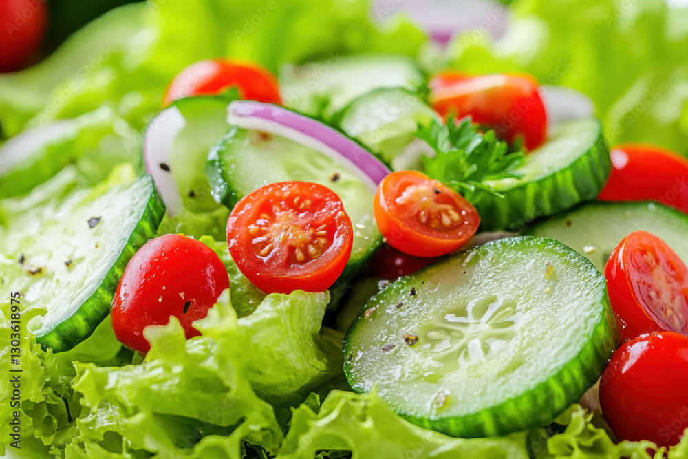 Fresh garden salad with lettuce, cucumbers and tomatoes, creating a healthy meal Fresh garden salad with lettuce, cucumbers and tomatoes, creating a healthy meal