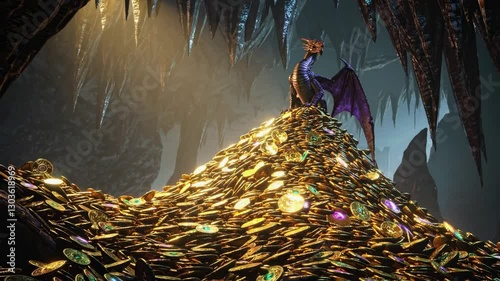 Fantasy Dragon Guarding Treasure Pile of Gold Coins and Gems in Mystical Cave, Fairy Tale Fable Concept 4K Video
