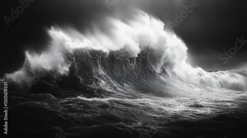 Powerful crashing wave with black and white tones creating dramatic ocean scene. Generative AI photo