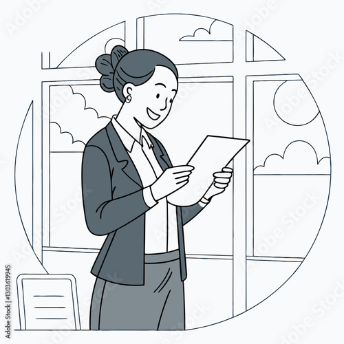 Vector Successful female financier holds a report document in her hands, reads it and smiles. Businesswoman is satisfied with the results of her work at the workplace inside the office