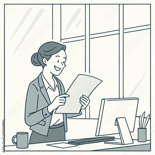 Vector Successful female financier holds a report document in her hands, reads it and smiles. Businesswoman is satisfied with the results of her work at the workplace inside the office