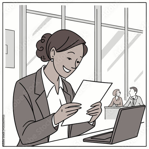 Vector Successful female financier holds a report document in her hands, reads it and smiles. Businesswoman is satisfied with the results of her work at the workplace inside the office