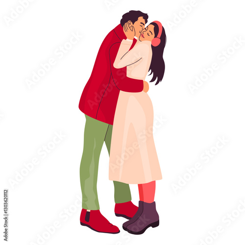 Happy couple. Man and woman kissing each other, expressing love, affection, tenderness. Full height illustration of people, bright colors.