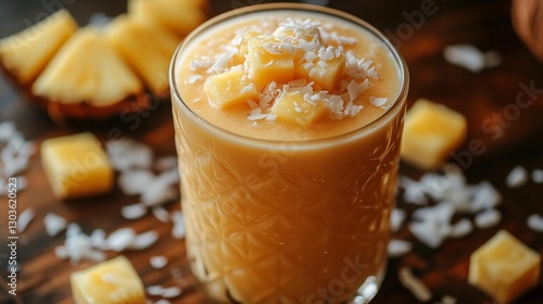 Tropical coconut and pineapple milkshake with creamy texture and fresh fruit. Generative AI photo