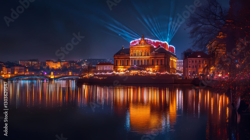 A striking nighttime view of theatre vltava lit with festive lights, with its reflection shimmering on the vltava river. Reflection - Mirror. Illustration