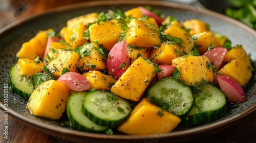 Colorful tropical salad with mango cucumber and fresh herbs. Generative AI