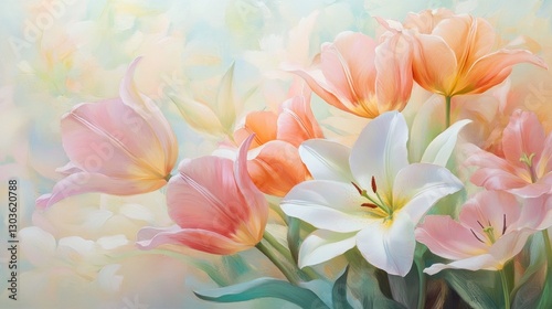 Floral arrangement of tulips & lilies in soft, dreamy light; delicate, serene, & pastel background