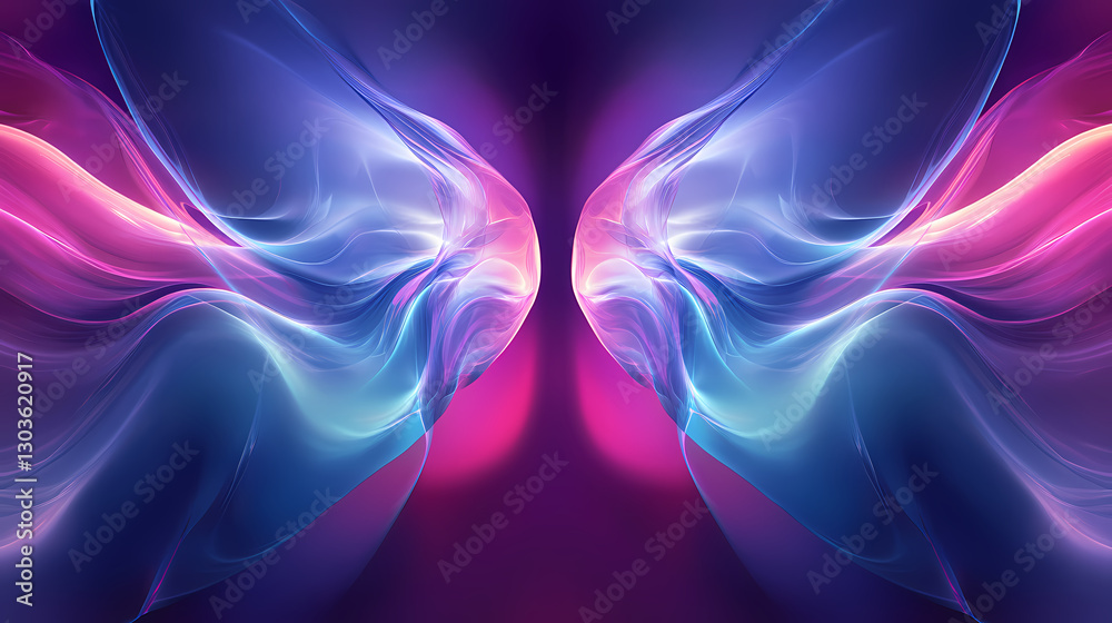 Fototapeta premium A vibrant abstract image showcasing colorful waves of light in purple, blue, and pink, creating a dynamic, fluid visual effect. Reflection - Mirror. Illustration