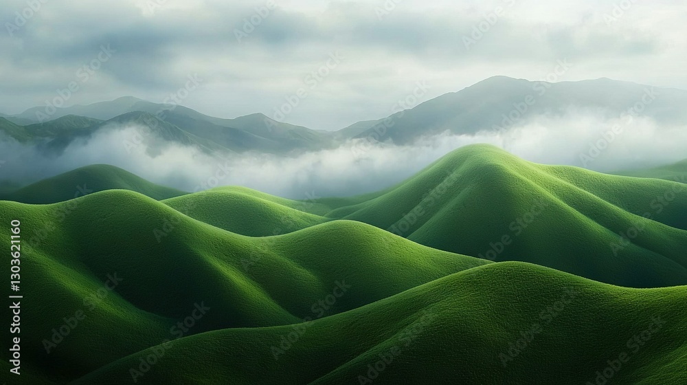 Fototapeta premium A stunning depiction of rolling green hills dotted with tall, snow-capped mountains in the background, framed by wispy white clouds drifting across a clear blue sky