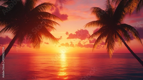 A vibrant sunset over a calm ocean with silhouetted palm trees on each side