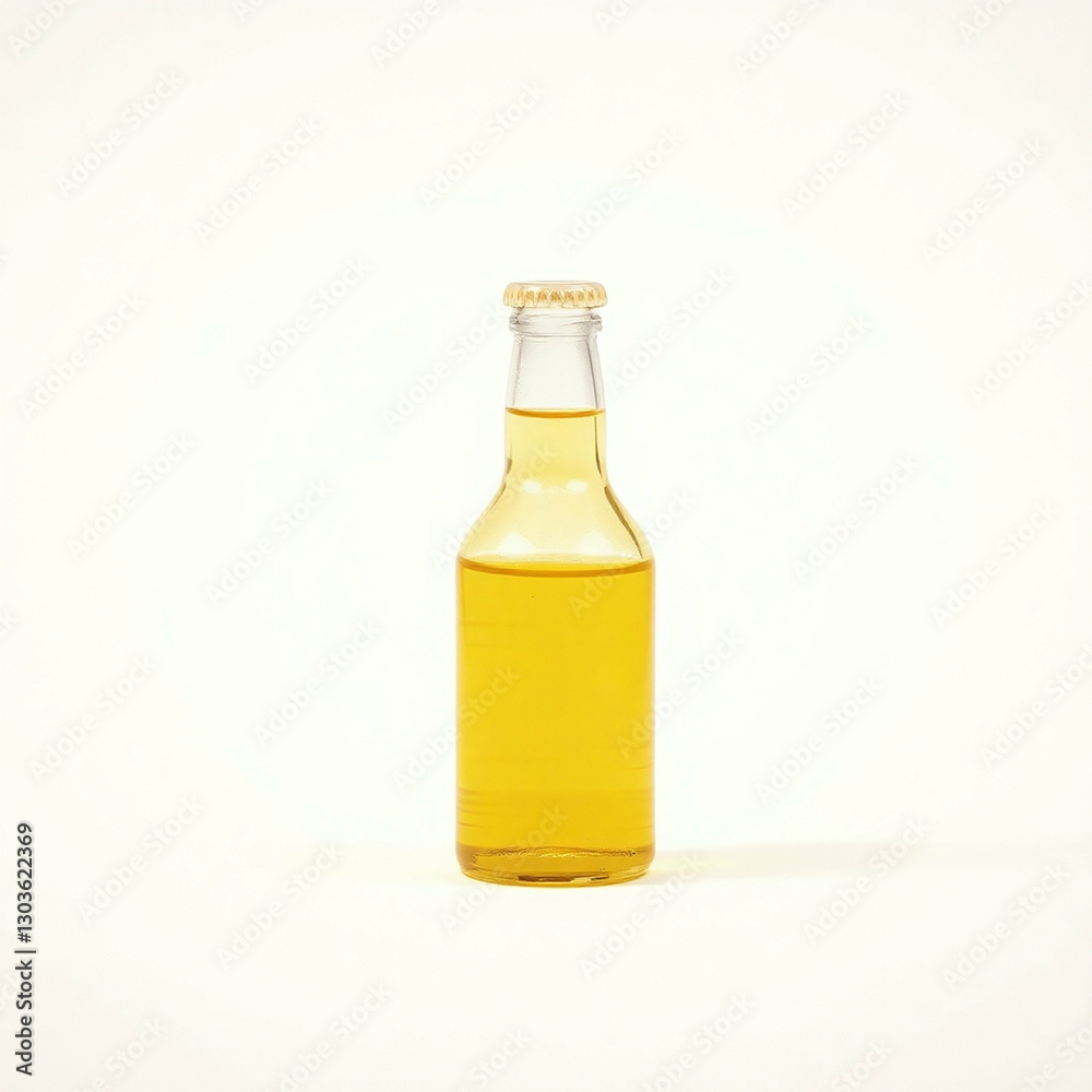 A small bottle of yellow liquid, isolated on a white background. Surreal infrared tones with a blurred bokeh effect create an otherworldly appearance. The bottle is sharply focused A small bottle of yellow liquid, isolated on a white background. Surreal infrared tones with a blurred bokeh effect create an otherworldly appearance. The bottle is sharply focused