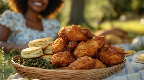 A Picnic Feast with Fried Chicken Biscuits and Greens on a Blanket in the Park. Generative AI photo