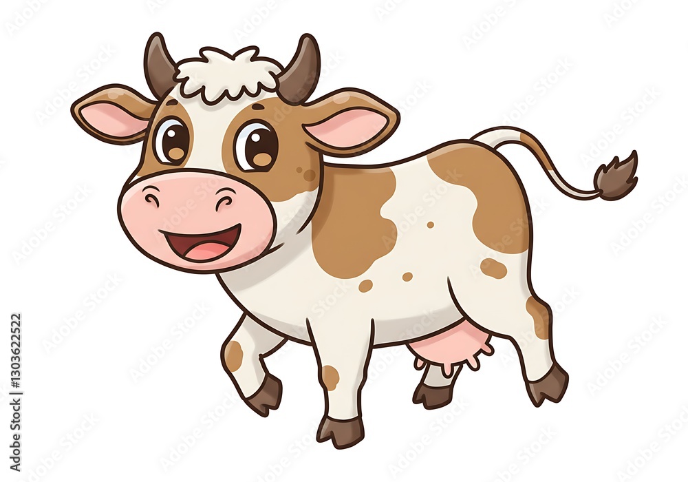 Cheerful Cartoon Cow: Brown and White Spots, Happy Expression Cheerful Cartoon Cow: Brown and White Spots, Happy Expression