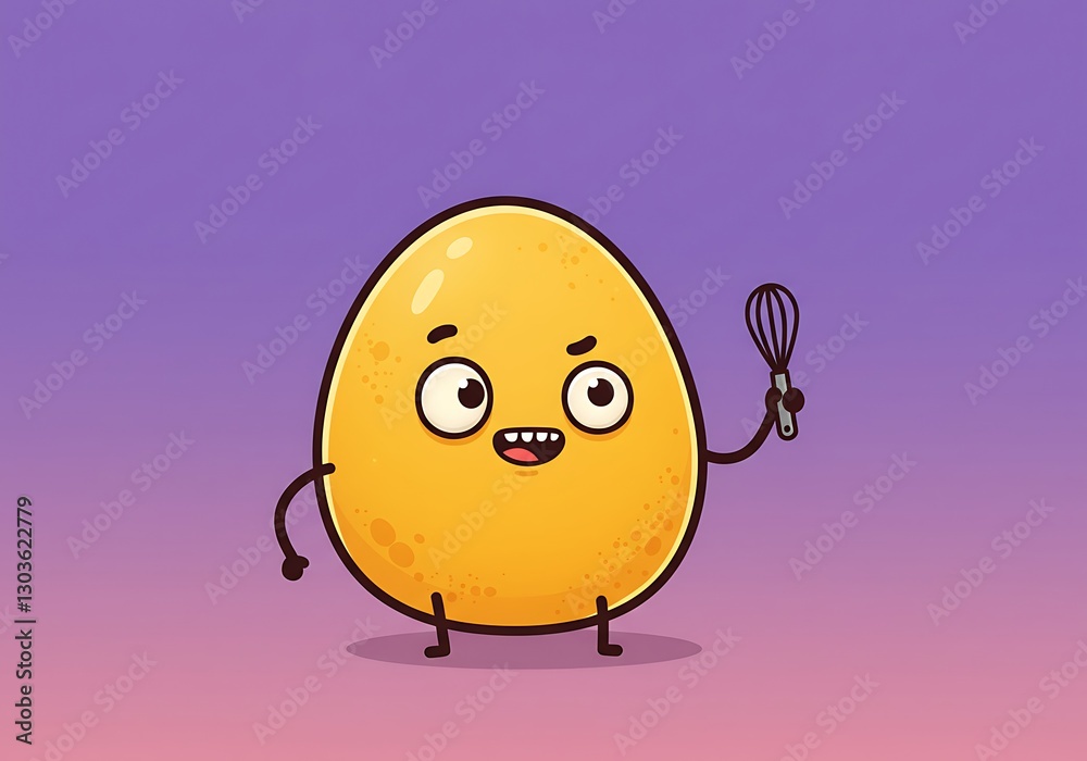 Obraz premium Cheerful Egg Cartoon Character Holding Whisk: Playful Culinary Illustration