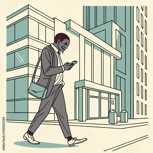 Vector Successful man walking through the city outside an office building with a phone in his hands. Businessman using an app on his smartphone, typing messages, and browsing social media, smiling