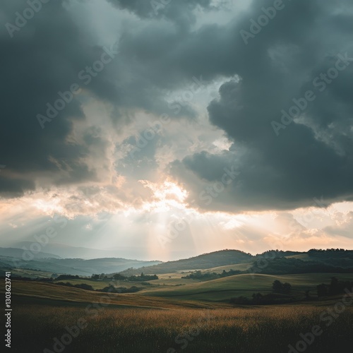 Dramatic clouds and sunrays illuminate a serene landscape in the early evening