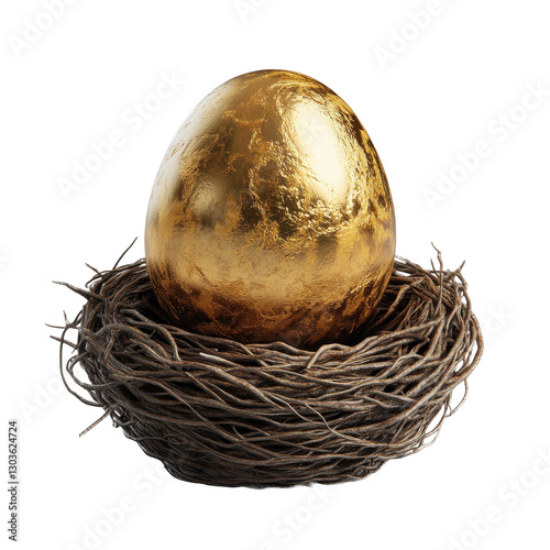 Golden egg placed in a rustic nest symbolizing wealth and new beginnings