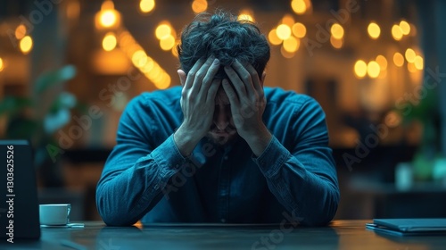 Person Sitting Despondently at Desk with Head in Hands. Generative AI photo