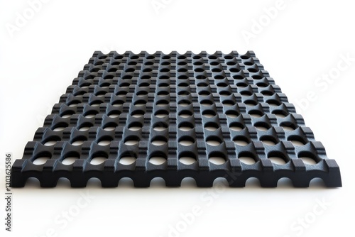 Durable black rubber mat with a textured grid design for enhanced traction and comfort in use isolated on transparent background