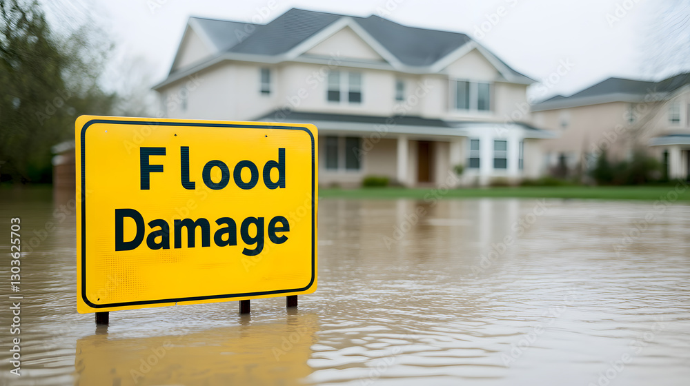 Fototapeta premium Flooded street with a bright yellow warning sign reading 