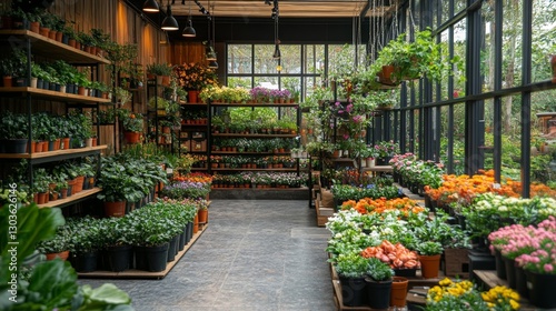 Stylish indoor garden shop with potted plants and flowers displayed on wooden shelves under soft lighting. Generative AI photo