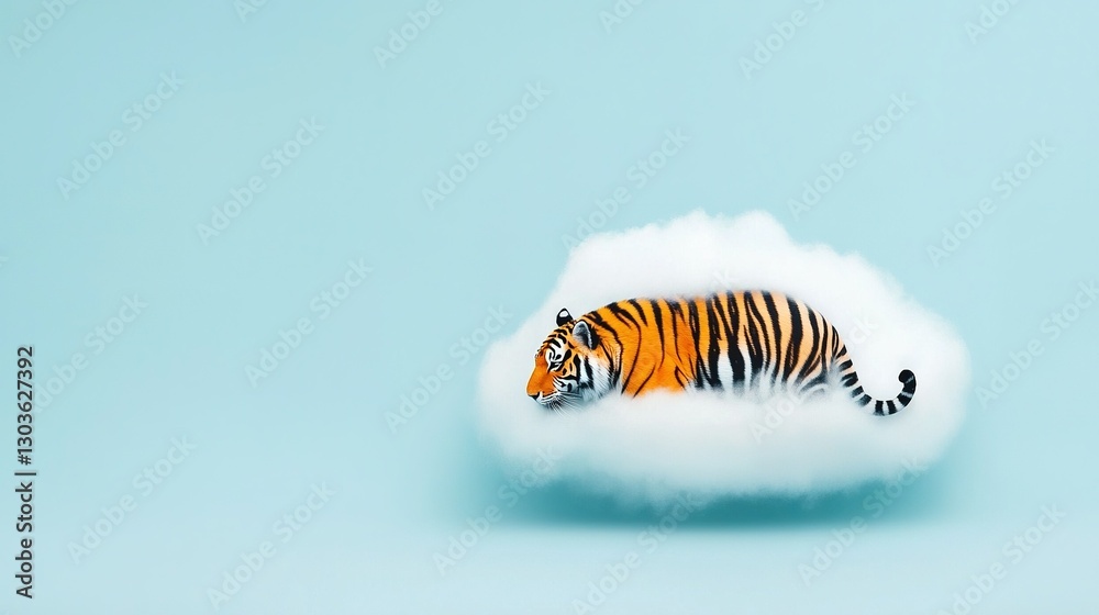 Naklejka premium A tiger perched on a cloud amidst a blue sky with a white cloud behind it
