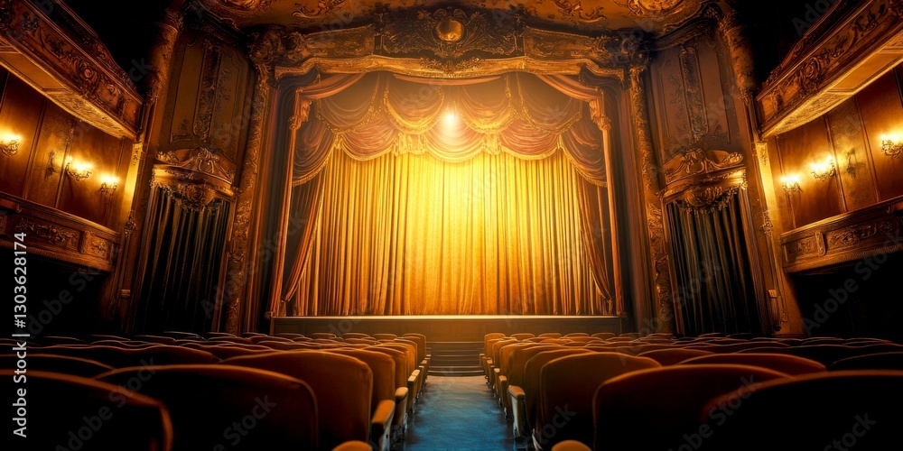 Fototapeta premium A classic theater scene with beautiful golden curtains ready for a performance. The elegant seating creates a nostalgic and inviting atmosphere for audiences. Experience the magic of live shows. AI