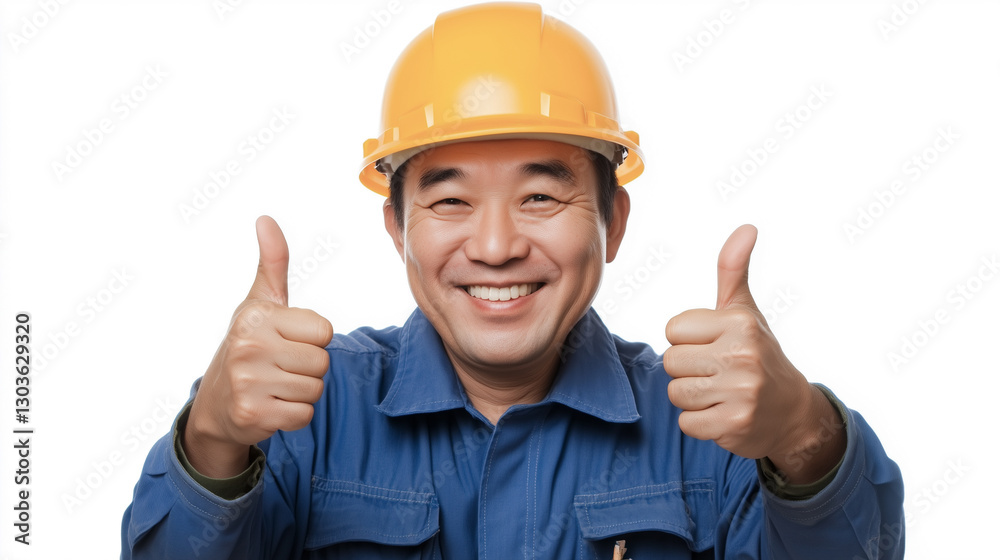 Smiling Asian worker in safety helmet showing thumbs up. Bright mood and professional look highlight success and positive attitude in construction industry. Copy space for text. Smiling Asian worker in safety helmet showing thumbs up. Bright mood and professional look highlight success and positive attitude in construction industry. Copy space for text.