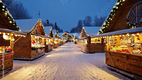 Wallpaper Mural Christmas market with wooden stalls decorated with lights and snow at dusk Torontodigital.ca
