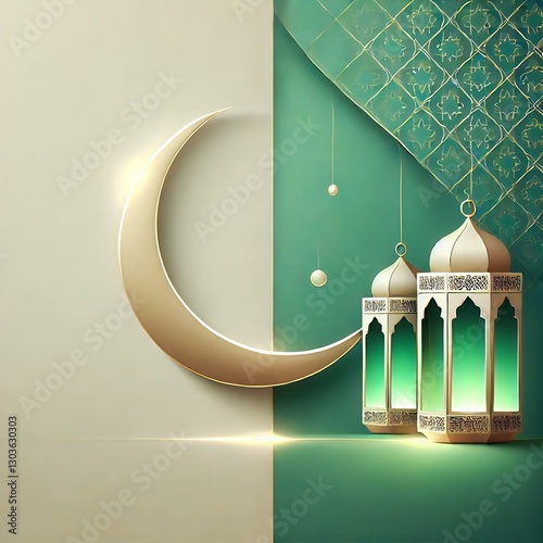 Generative AI image of Islamic design with green gold color showing crescent moon mosque with glowing lanterns, peaceful Ramadan atmosphere